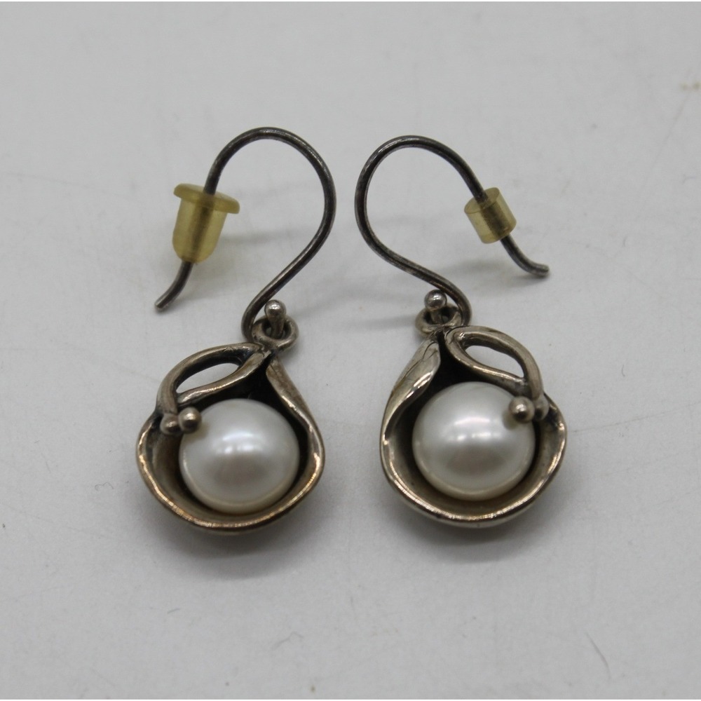 Vtg Hagit Gorali Israel Artisan 925 Sterling Silver Pearl Drop Earrings Jewelry